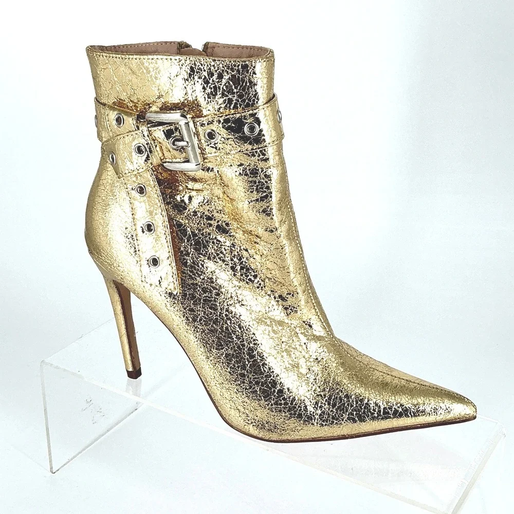 Chase & Chloe Size 8 Gold Metallic Pointed Toe Stiletto Ankle Boots Adonis